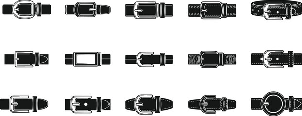 Leather belt buckle silhouette collection, fashion accessory strap variations black vector illustration set isolated on white background for clothing and apparel design