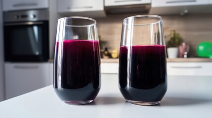 Fresh blackcurrant juice in modern kitchen. Generative AI
