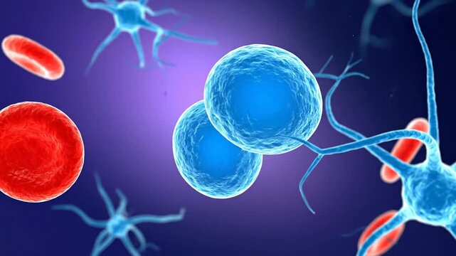 Illustration of biological cells, blood vessels, and neural structures on a gradient background