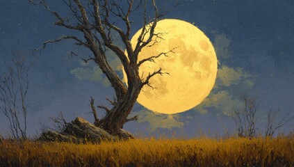 Night scene shows a bare tree before a huge moon, with dry grass and bushes on the earth