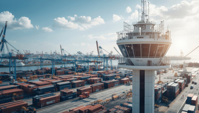 Container port control tower overseeing stacked cargo container yard in bright daylight