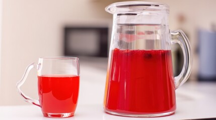 Bright red cornelian cherry drink in a clean glass jug with a cup next to it. Generative AI