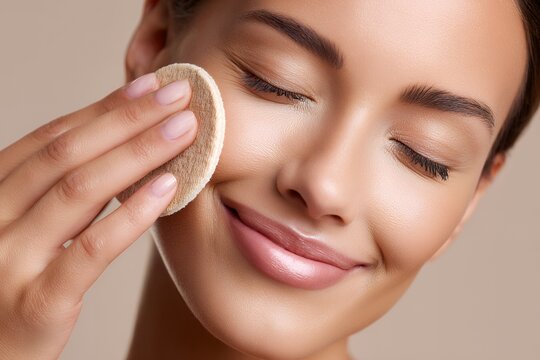 Female caucasian adult applying facial cleanser with cotton pad smiling