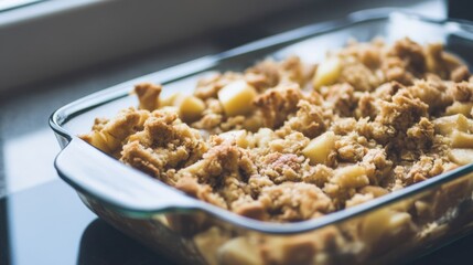 Warm apple crumble with caramelized apples under buttery oat topping in a modern kitchen. Generative AI