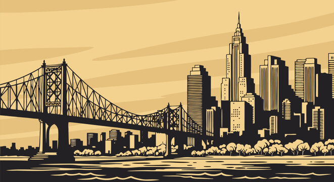Retro Style Manhattan Bridge and Skyline Vector Illustration
