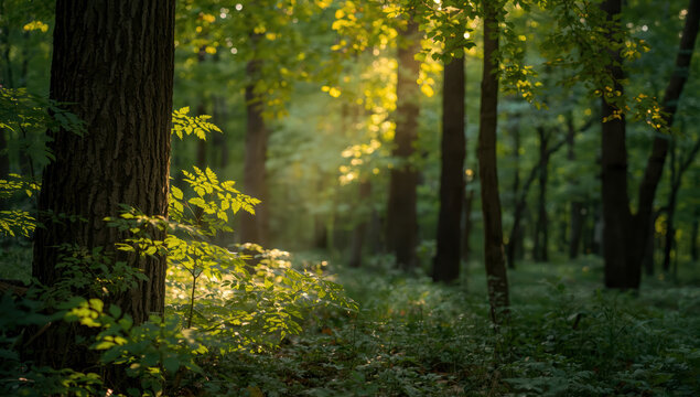 Lush green forest sunlight filtering through oak trees creating tranquil mood