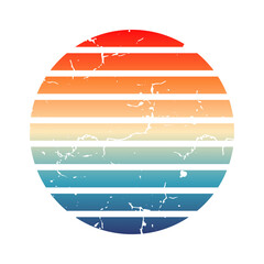 Fototapeta premium Vintage colorful sunset. Striped gradient sunrise badge in 80s and 90s style. Sun and ocean view, summer vibes, surfing. Design element for print, logo or t-shirt. Vector illustration