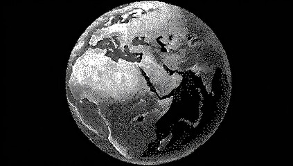 Black and white illustration of planet Earth from space, focusing on Africa and Europe