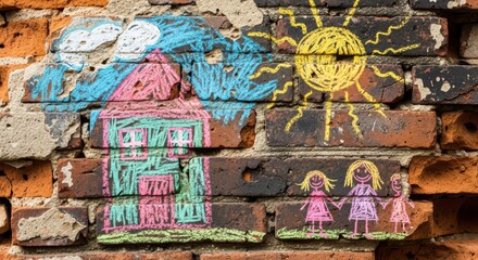 Childhood drawing depicting home and family rendered with colorful chalk on a weathered brick wall surface