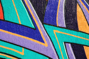 Naklejka premium Abstract turquoise, purple, orange geometric street art. Sharp lines, layered shapes, fluorescent urban texture. 90s Background pattern, Y2K style digital art, creative banner, modern 2000s banner