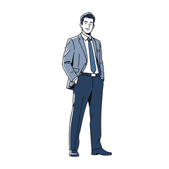 Obraz premium A cartoon illustration of a cheerful young businessman standing confidently with hands in pockets, wearing a blue suit and tie, against a clean white background with a cute and modern
