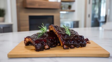 Pomegranate molasses glazed ribs with elegant garnish. Generative AI