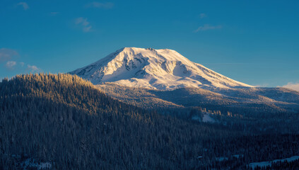 Snowcapped volcanic mountain bathed in warm light above frosted evergreen forest