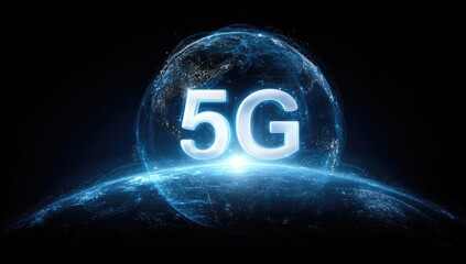 Digital image of a globe-like structure and "5G" lettering in bright blue-white