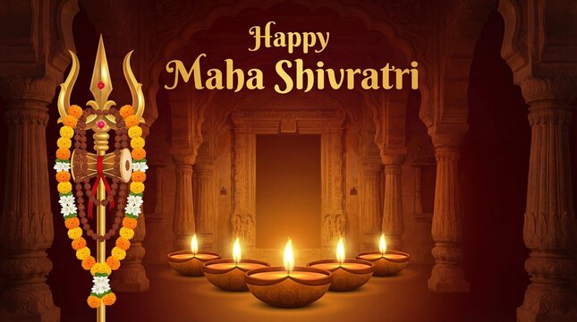 Decorated Lord Shiva trident with temple background traditional Maha Shivratri art