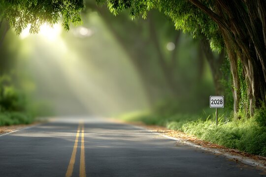 Serene empty road in lush forest with sunlight and 2028 sign
