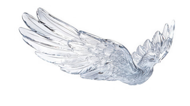 Clear decorative glass angel wing figurine with detailed feathers isolated on white background