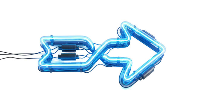 Blue glowing neon arrow sign isolated on a transparent background