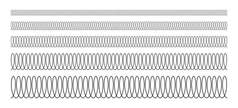 Spiral spring line set. Metal wire coil spring icon collection. Thin zigzag waves symbol. Flexible coil shapes. Loop line seamless pattern. Vector illustration isolated on white background. 