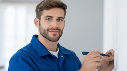 A focused man dressed in blue overalls works diligently to install a light switch on the wall. The bright, airy room highlights his craftsmanship and attention to detail