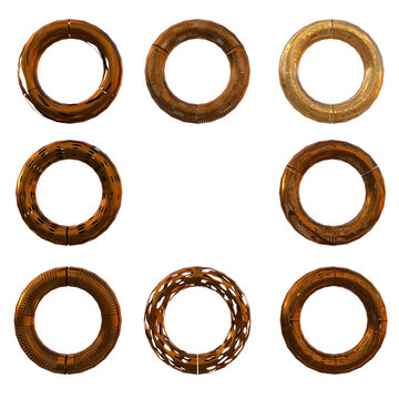 A square formed of 8 different metallic toruses, 7 of which are made of copper, one of gold, all having various textures and profiles. 3D illustration on transparent background. 