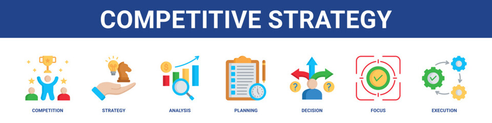 Competitive Strategy web banner icon set collection solid style.