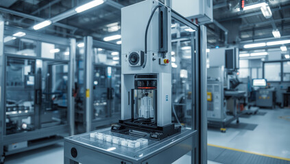 Naklejka premium Automated quality control machine inspecting plastic components in modern factory lab