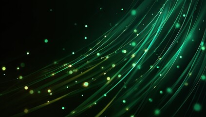 Flowing, vibrant streaks of green light and glowing particles against a dark backdrop
