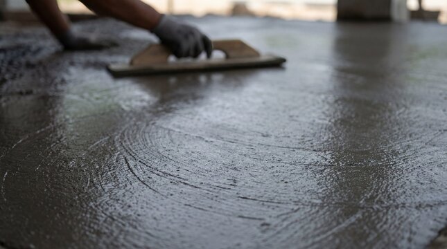 Close up of construction worker applying a smooth finish to a wet concrete slab using a hand float tool.