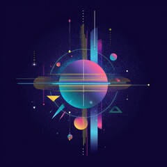Abstract digital art with a neon planet and geometric shapes on a dark background
