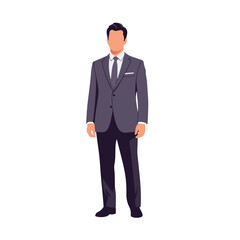 Obraz premium A cartoon illustration of a well-dressed man in a gray suit standing against a clean white background with a cute and professional appearance.