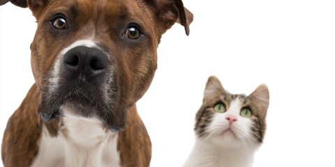 Obraz premium Curious dog and cat pets peeking on white background