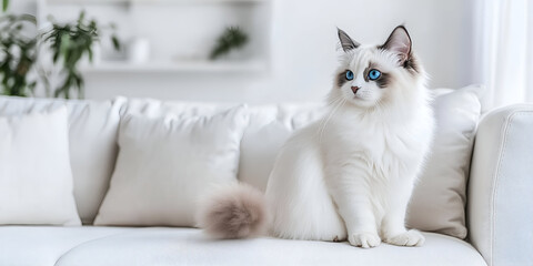 Beautiful Ragdoll Cat with Blue Eyes Sitting on White Sofa