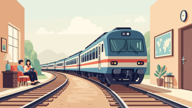 Couple relaxes by train tracks while a long passenger train speeds past