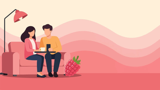 Couple relaxing on a couch with coffee and a raspberry nearby