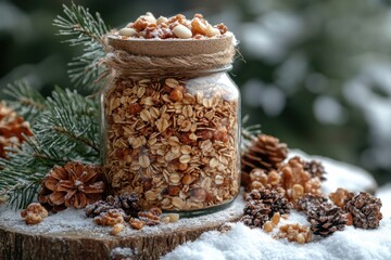 Jar filled with grains and nuts.