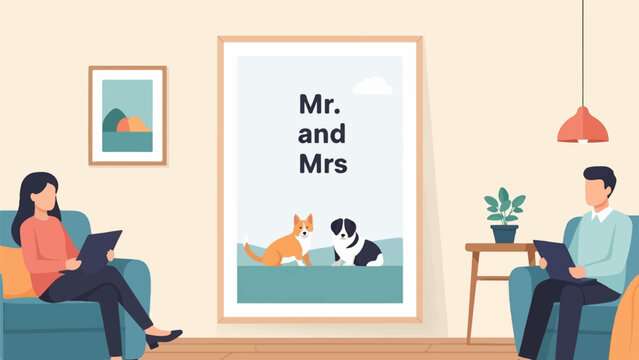 Couple relaxing at home with framed art of two pets and digital tablets