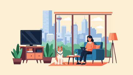 Obraz premium Cozy apartment with dog, woman working on laptop, cityscape view