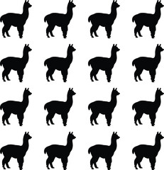 Obraz premium Alpaca llama silhouettes seamless pattern farm animal wildlife textile background flat vector illustration repeating design nature minimal black white
