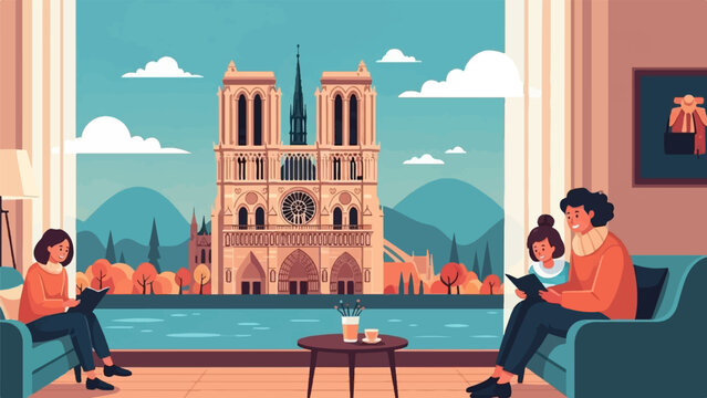 Cozy indoor scene with a family reading as Notre Dame cathedral view
