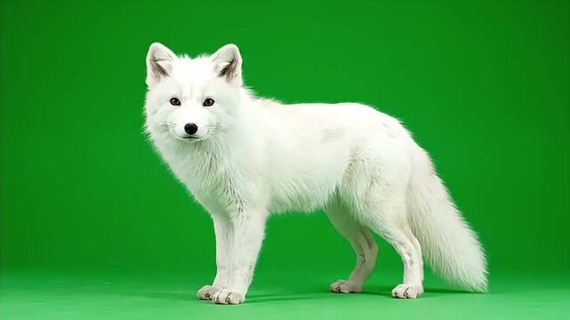 Beautiful White Arctic Fox Standing and Looking on a Green Screen Background.