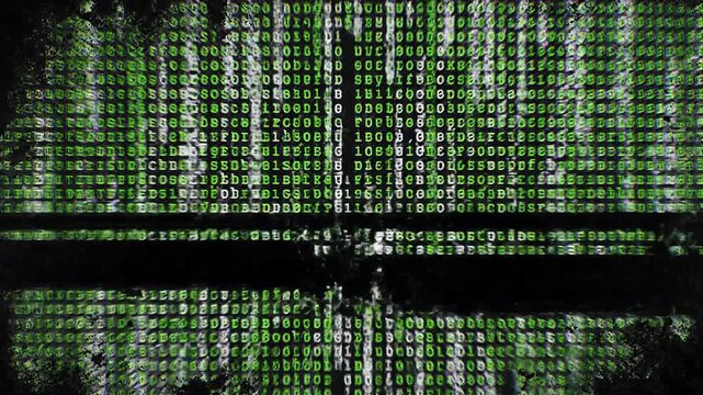 Abstract green digital code rain effect with glitch and grunge texture overlay