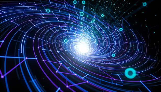 Abstract digital vortex with glowing nodes and connecting lines, data flow vortex visualization, swirl,.