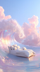 Dreamy Floating Bed on Pastel Ocean Waves at Sunset for Advertising, Relaxation and Mattress Promotion