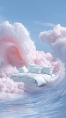 Dreamy Floating Bed on Pastel Ocean Waves at Sunset for Advertising, Relaxation and Mattress Promotion