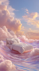 Dreamy Floating Bed on Pastel Ocean Waves at Sunset for Advertising, Relaxation and Mattress Promotion