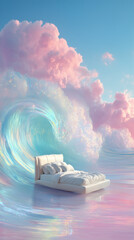 Dreamy Floating Bed on Pastel Ocean Waves at Sunset for Advertising, Relaxation and Mattress Promotion