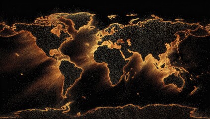 Illuminated world map with continents and oceans, rendered in a striking golden glow on black