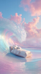 Dreamy Floating Bed on Pastel Ocean Waves at Sunset for Advertising, Relaxation and Mattress Promotion