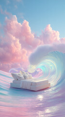 Dreamy Floating Bed on Pastel Ocean Waves at Sunset for Advertising, Relaxation and Mattress Promotion